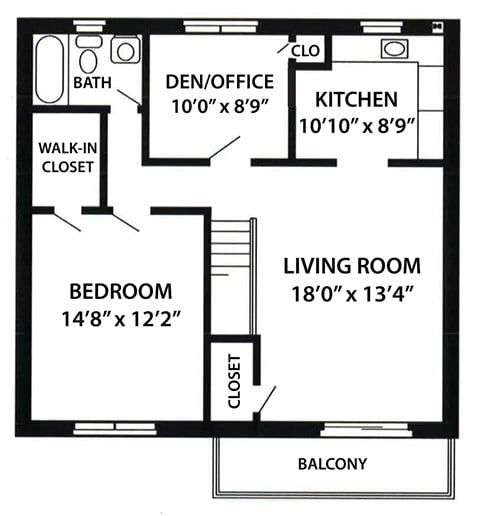 Floor plan for 1 bed, 1 bath, 869 sqft